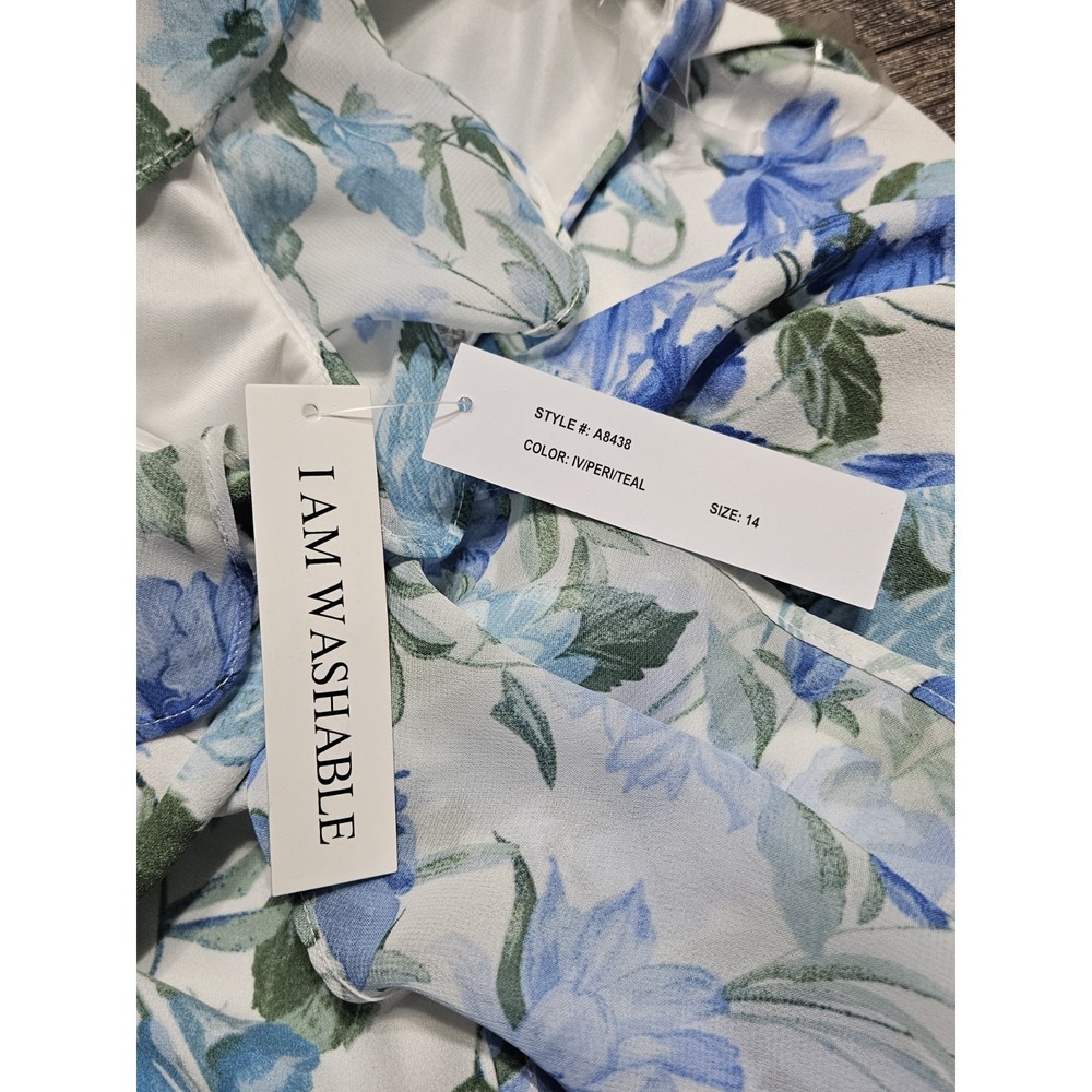 Shelby & Palmer Blue Floral Faux Wrap Ruffle Belted Sheath Dress - Picture 12 of 12